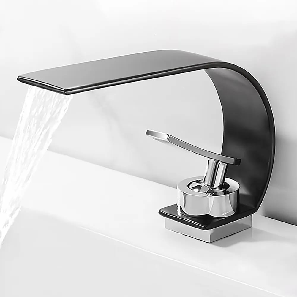 Single Lever Handle Waterfall Arc Bathroom Mixer Tap Black & Chrome Solid Brass Bathroom