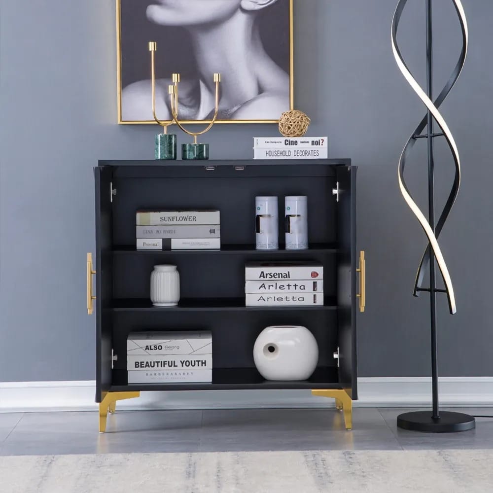 Wovuna Black & White Sideboard Buffet 2 Doors & 3 Shelves Accent