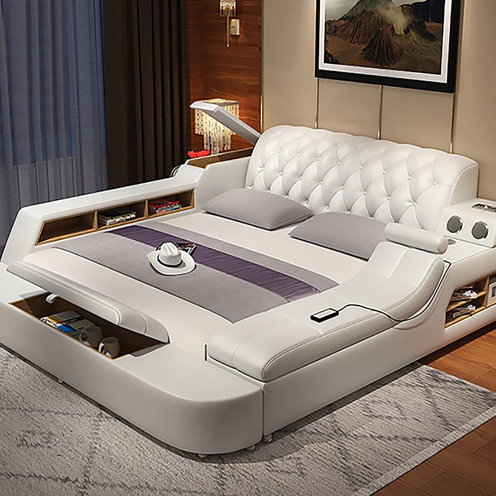 White Faux Leather Bed Tufted Smart Bed With Speaker, Massage & Charger