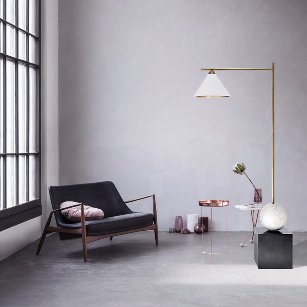 Minimalist White & Gold Arc Floor Lamp with Black Marble Base Table