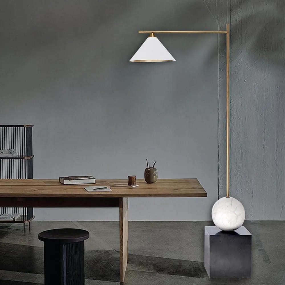 Minimalist White & Gold Arc Floor Lamp with Black Marble Base Table