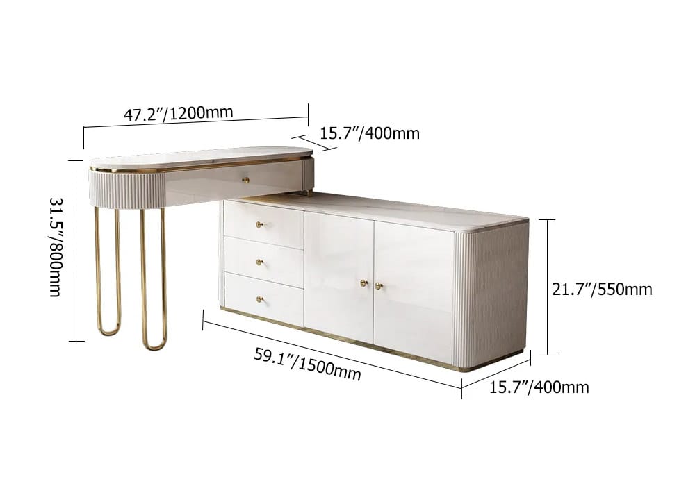 Oboval Modern Marble Top Makeup Vanity Dressing Table with Corner