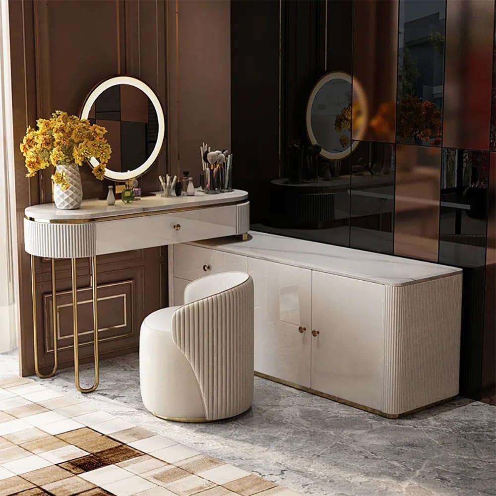 Oboval Modern Marble Top Makeup Vanity Dressing Table with Corner