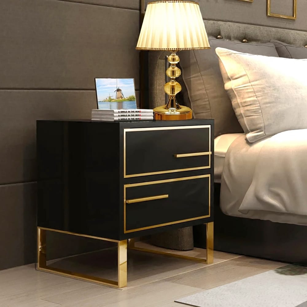 Modern Black Bedside Table Lacquered 2Drawer with Golden Stainless