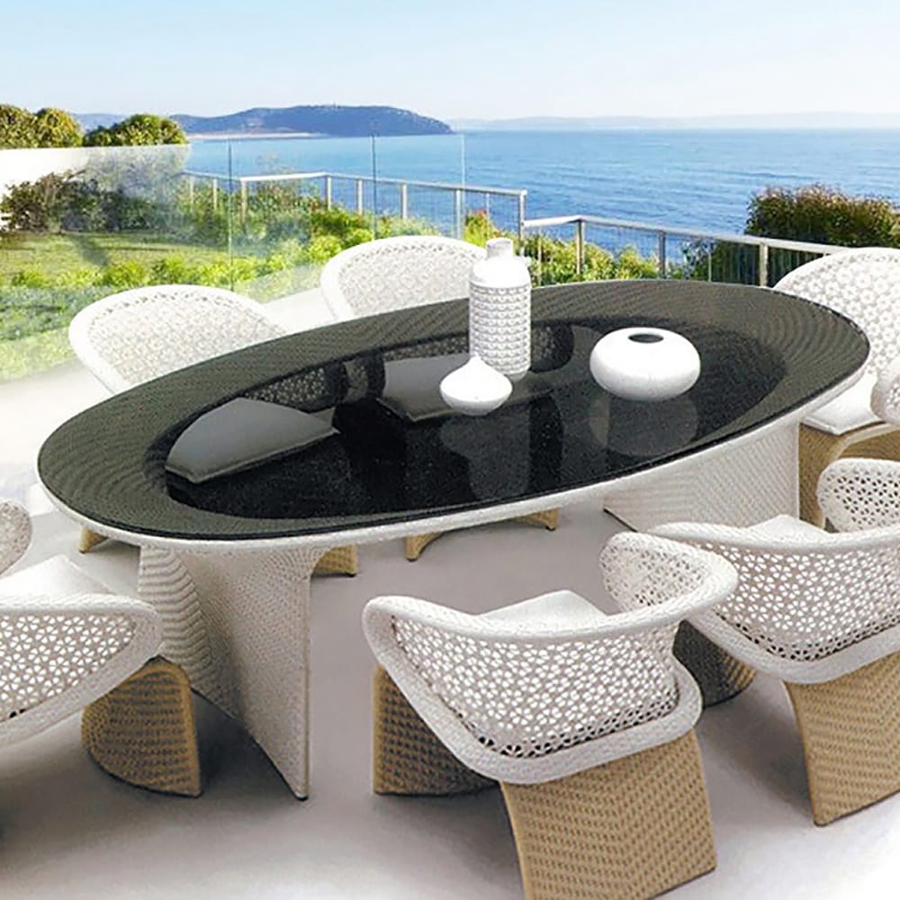 Modern 6 Person Aluminium & Rattan Oval Outdoor Patio Dining Table in