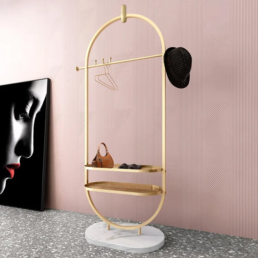 Gold Coat Stand Oval Garment Stand with 2Tier Shelves & Faux Marble