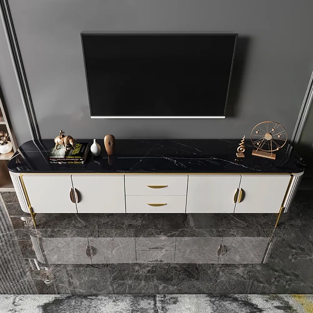2000mm Black Faux Marble Top TV Console with Drawers & Doors for TVs