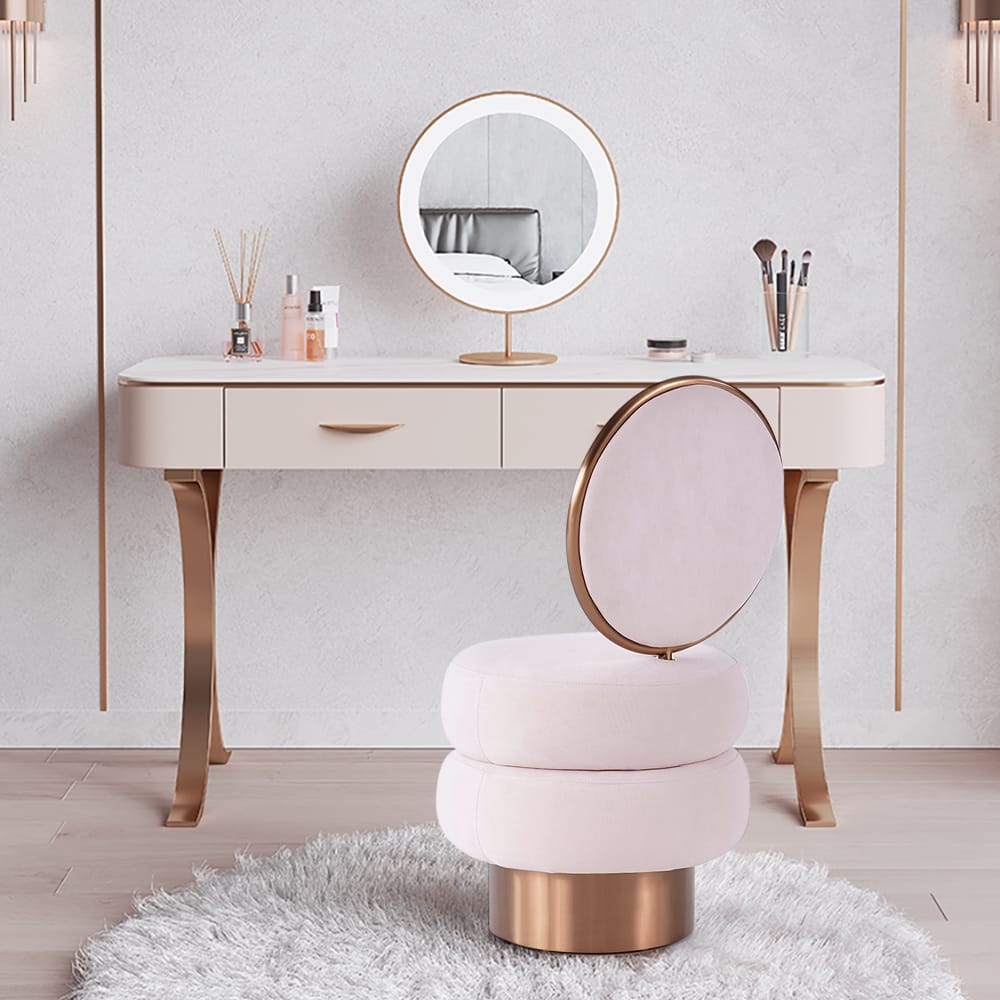 Pink Velvet Vanity Stool With Back Round Tufted Accent Chair Rose Gold