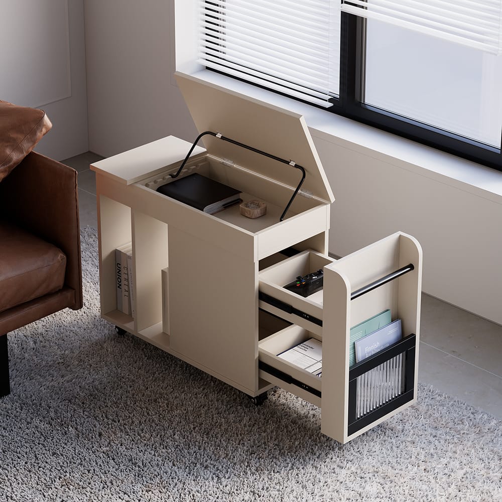 Multifunctional Wooden Height Adjustable End Table with Storage Drawers, Wheels Living Room