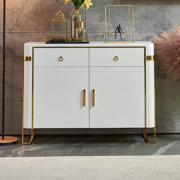 51" White Sideboard Buffet With Marble Top Doors Drawers Gold